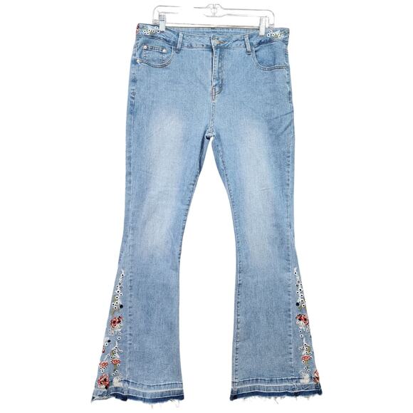 Y2K Embroidered Flare Jeans Women’s 14 Floral Boho Hippie Wide Leg Bell Bottom - Picture 3 of 13